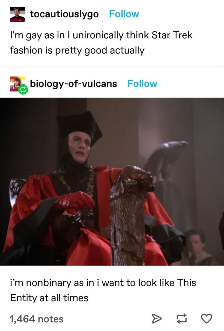 The meme is a screenshot of a Reddit post featuring a photo of the character Jean-Luc Picard from Star Trek: The Next Generation, sitting in a chair with a stern expression. The text above the image reads "I'm gay, as in I unironically think Star Trek: The Next Generation is the best show ever made".